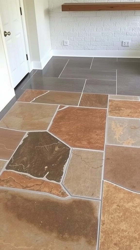 A modern living room with floral motif embedded flooring featuring vibrant flowers.