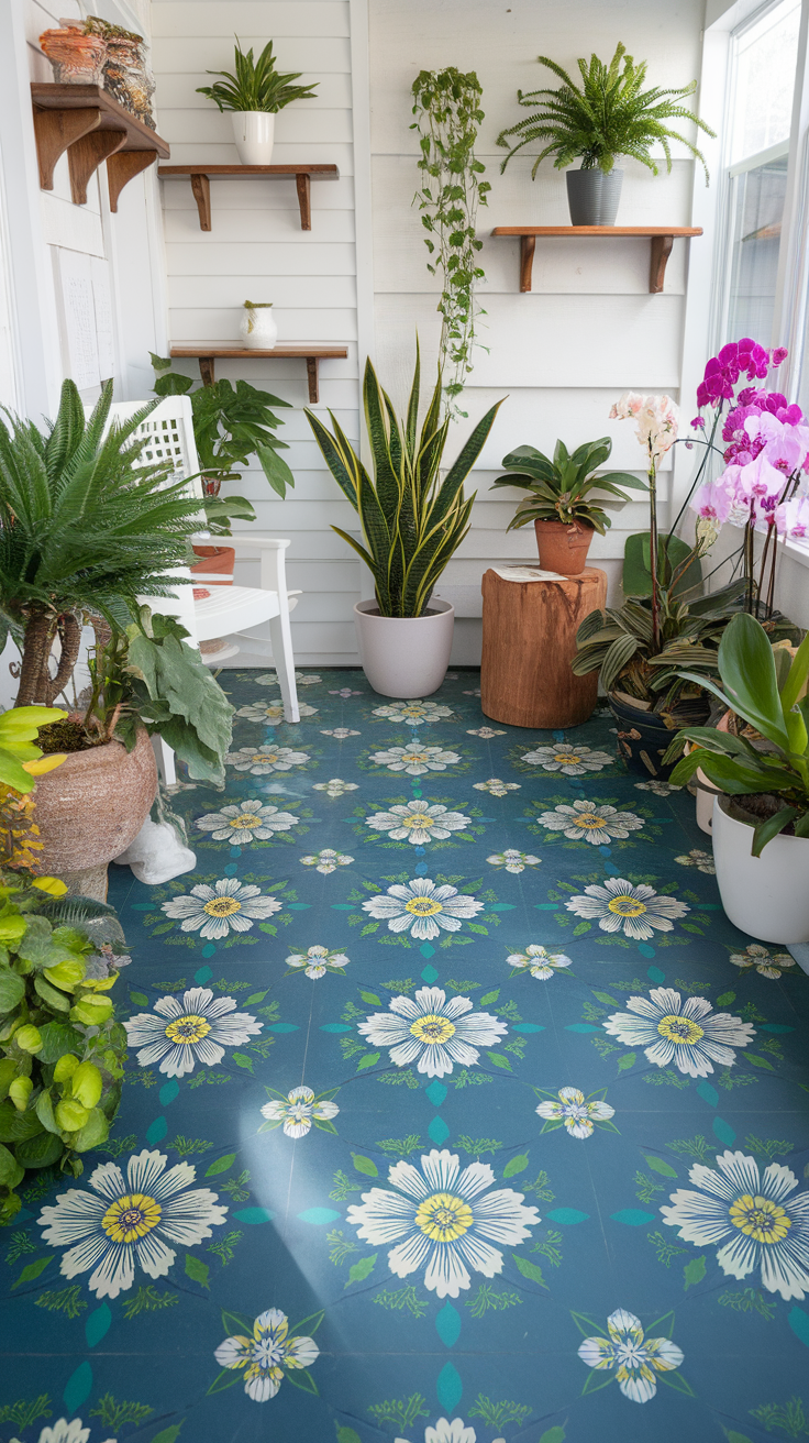 A vibrant epoxy floor with floral motifs in a sunlit indoor space filled with plants.