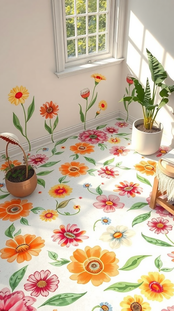 A bright and vibrant floral epoxy design on the floor featuring various colorful flowers and green leaves.