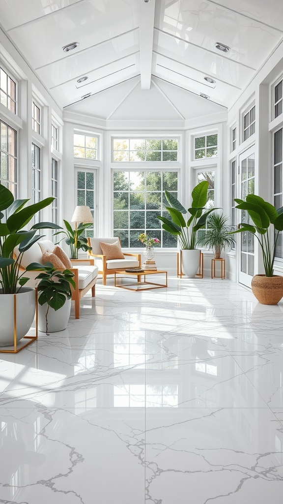 A bright, airy sunroom with floral motif epoxy floors, large windows, and stylish furniture.