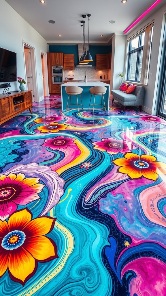Colorful epoxy kitchen floor with floral motifs in vibrant colors