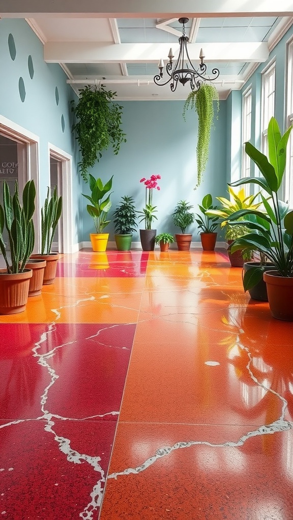 A beautifully designed epoxy floor featuring floral motifs with pink roses and green leaves.
