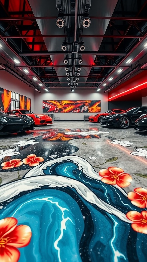 A vibrant epoxy floor featuring floral motifs with a blue wave design and red flowers in a modern garage setting.