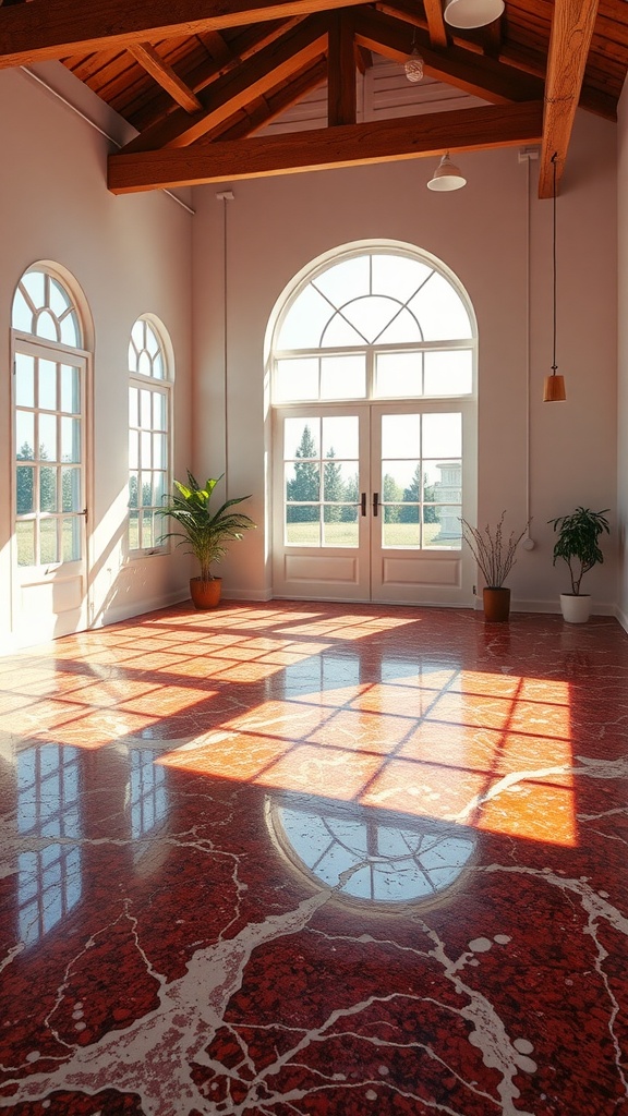 An epoxy floor featuring vibrant floral motifs in a modern living space.