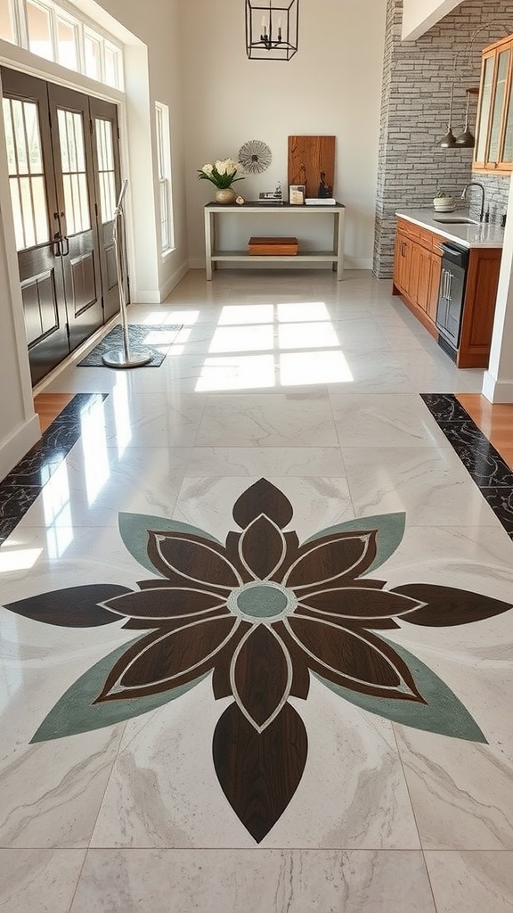 Floor with a floral epoxy design featuring brown, teal, and white colors.