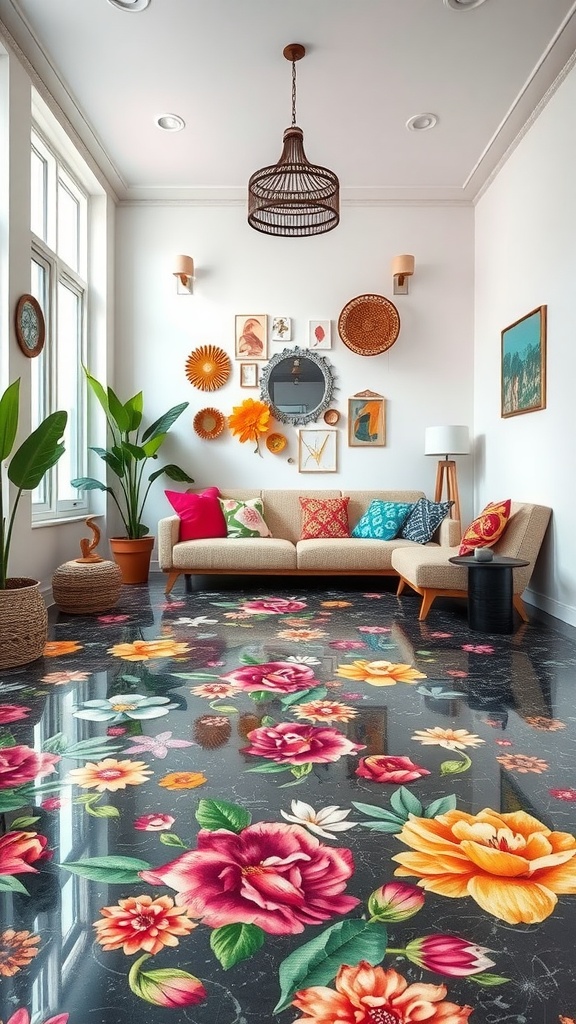A cozy living room featuring a floral epoxy floor with roses and other flowers, complemented by colorful cushions and wall decor.