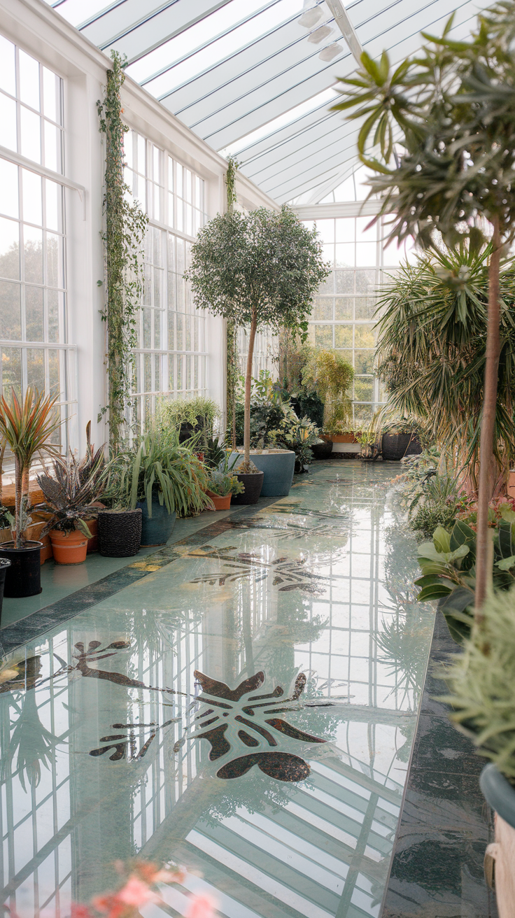 Epoxy floor with floral patterns in a greenhouse setting