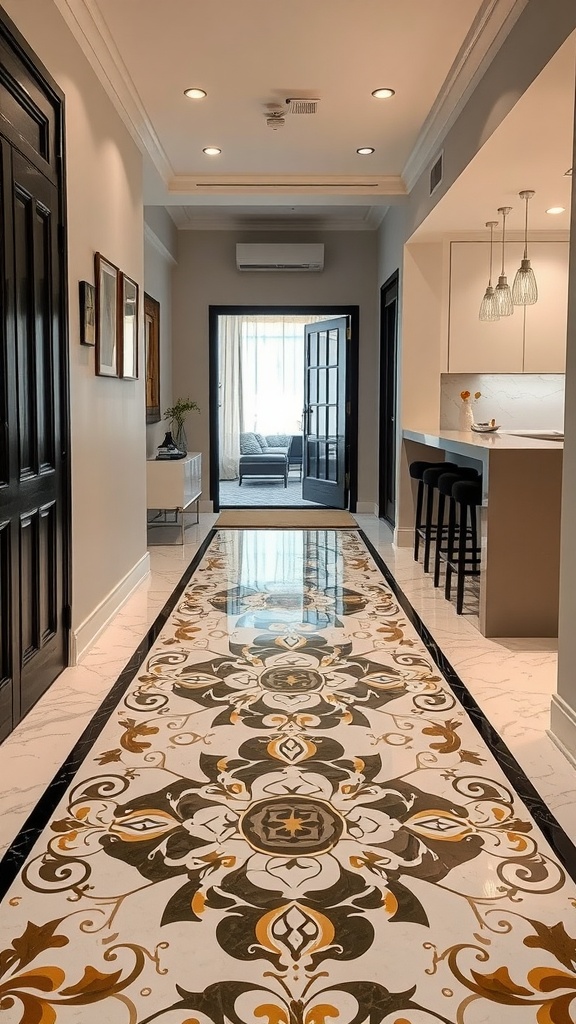 A hallway with a floral patterned epoxy floor, featuring an intricate design in black, white, and gold colors, leading to a stylish living area.