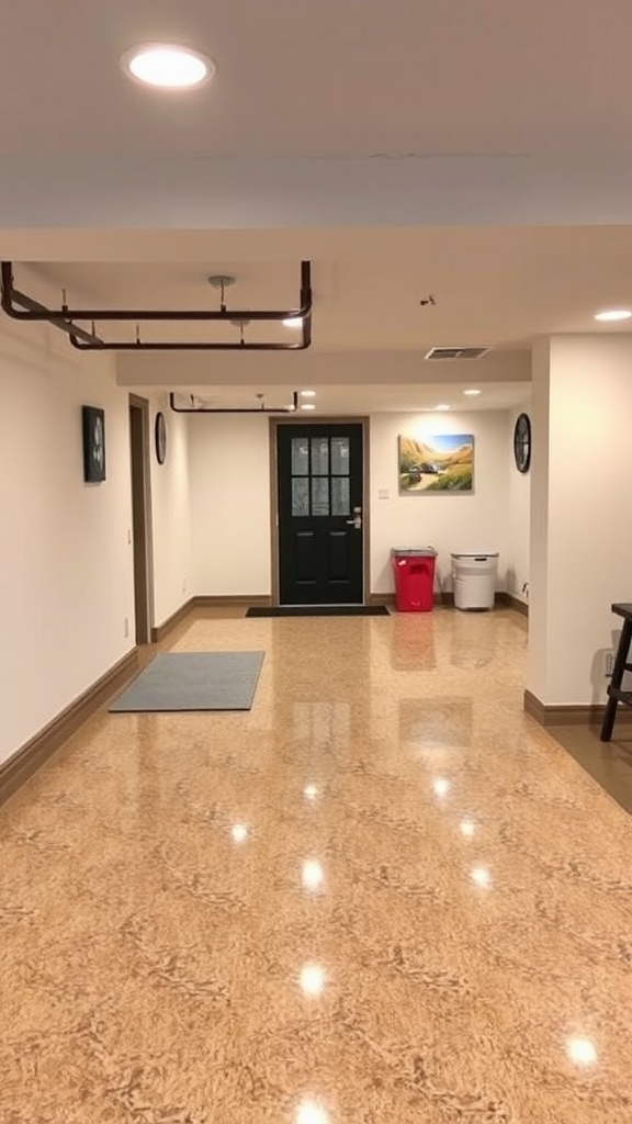 A stylish garage interior with a floral patterned epoxy floor, showcasing vibrant flowers against a black marble backdrop.