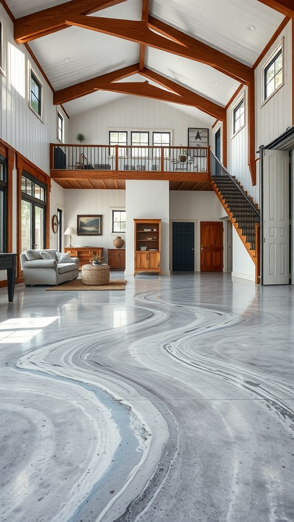 Interior of a modern barn with flowing water design epoxy flooring, showcasing a bright and inviting living space.
