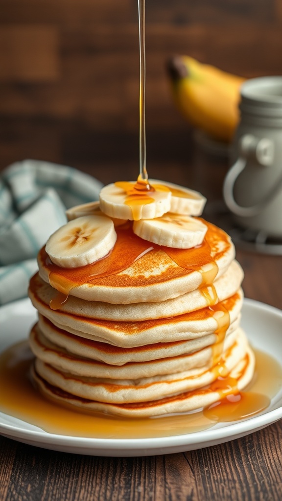 Stack of fluffy banana pancakes topped with banana slices and syrup