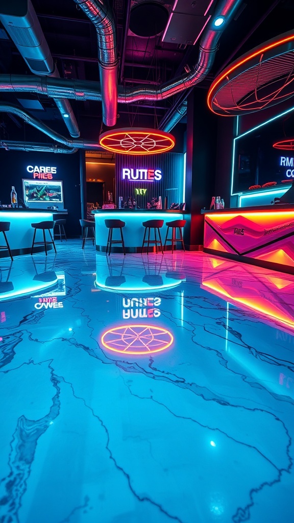 Modern interior with neon and fluorescent lights highlighting an epoxy floor.