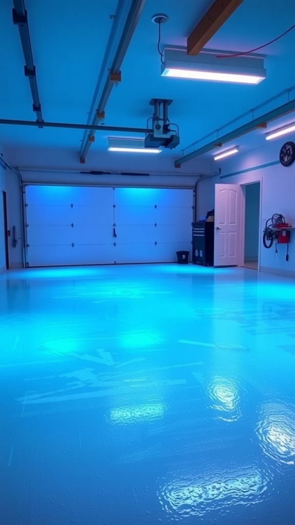Garage interior featuring fluorescent epoxy flooring with a sleek car parked inside, illuminated in purple tones.