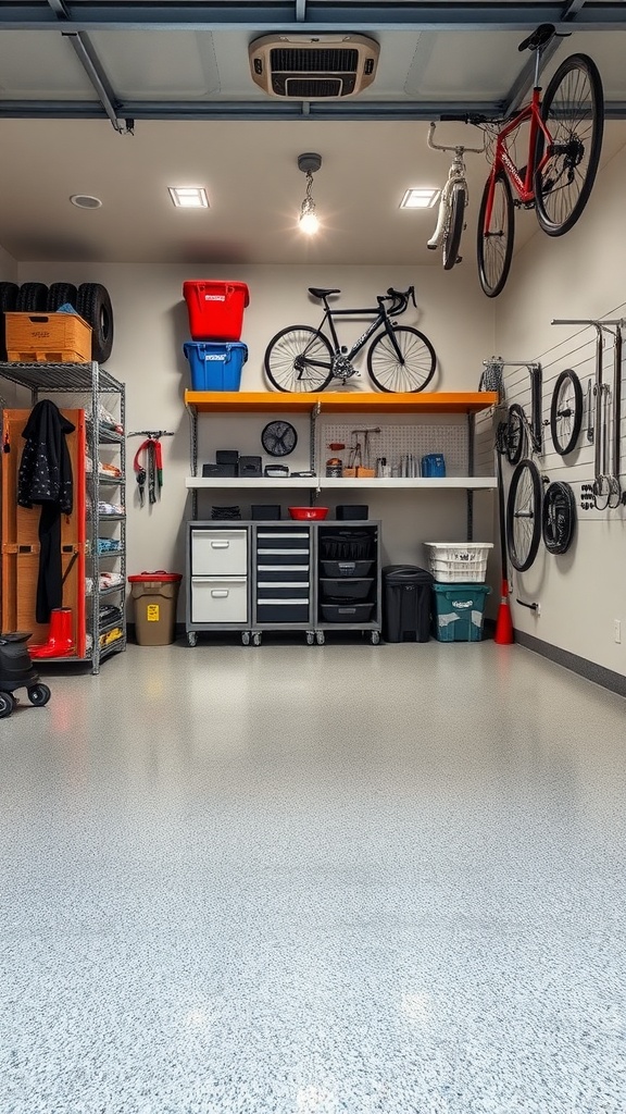 A well-organized garage featuring foldable shelves, an epoxy floor, and various storage solutions.