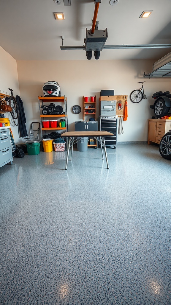 A spacious garage featuring a foldable table, organized shelves, and a shiny epoxy floor.