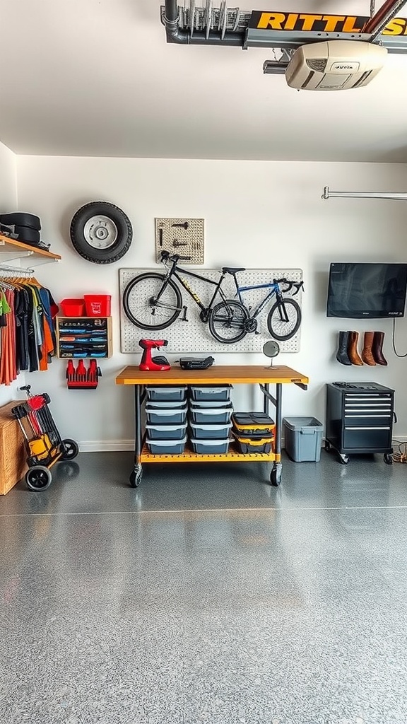 Organized garage with foldable workstation, epoxy floor, and storage solutions.