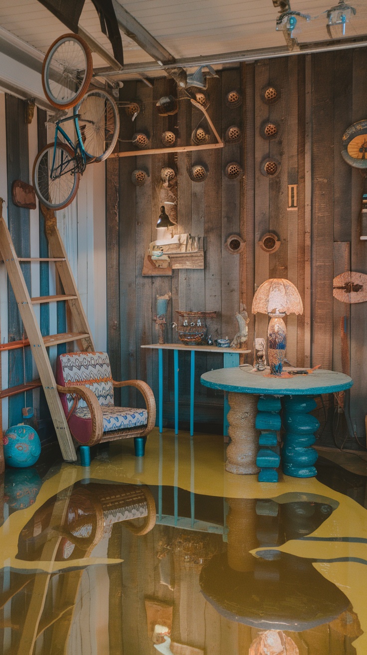 Colorful folk art inspired epoxy floor in a rustic bar interior