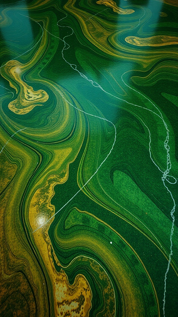 An artistic epoxy floor featuring swirling patterns of forest green and earthy brown.