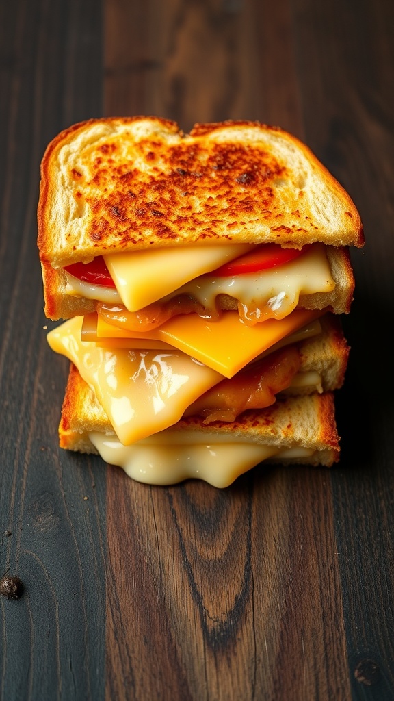 A delicious Four Cheese Pizza Grilled Cheese sandwich with melted cheese and marinara sauce.