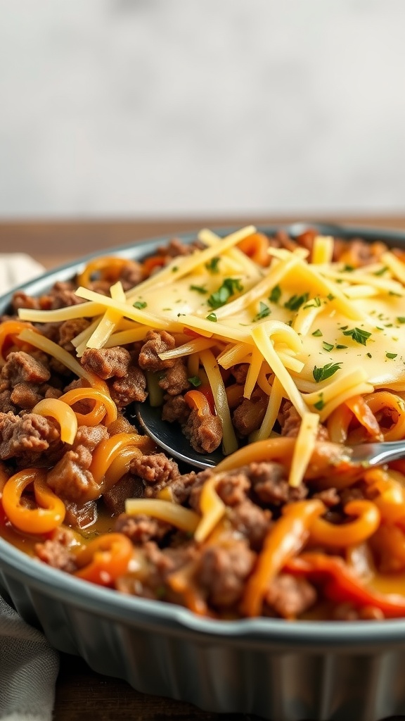 A dish of French Onion Beef Bake with melted cheese and colorful peppers.