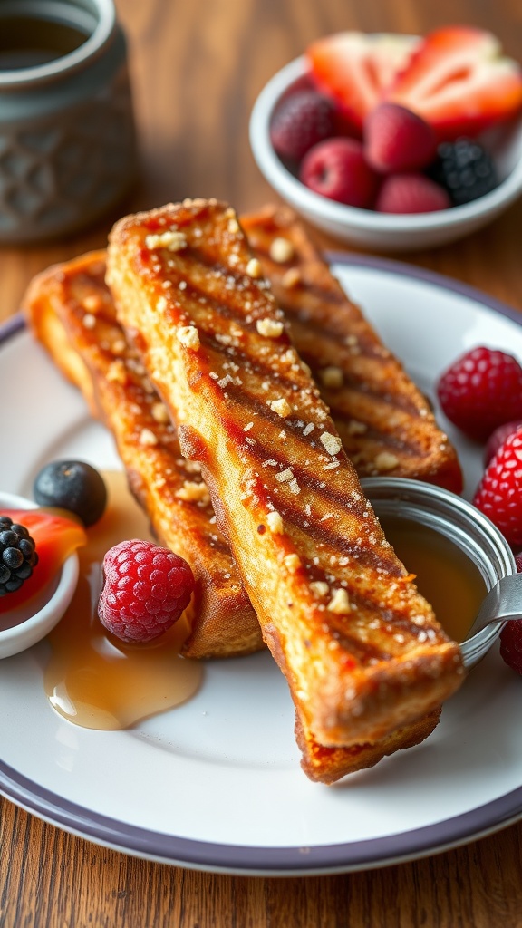 Delicious French toast sticks served with fresh berries and syrup.