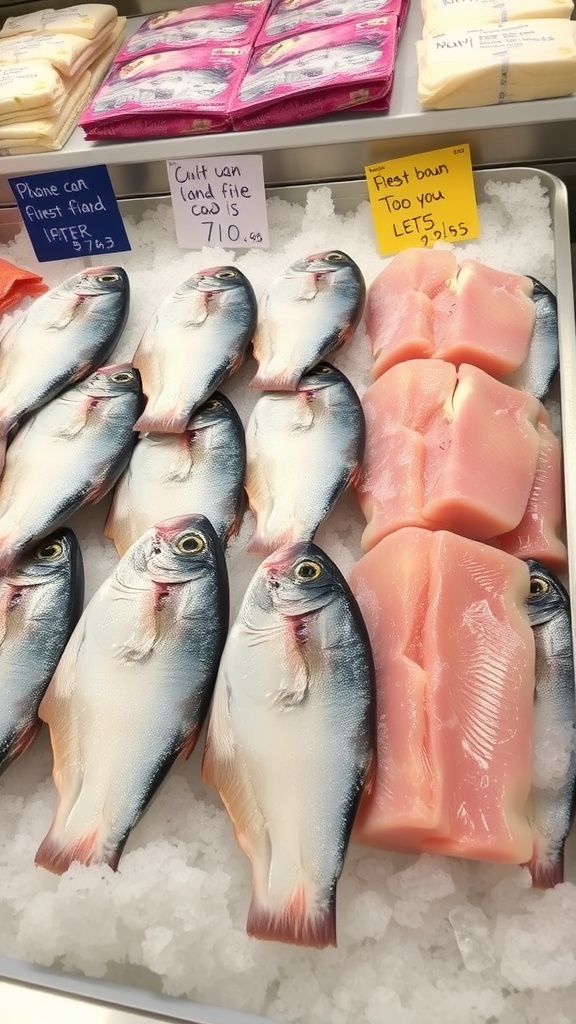 A display of fresh cod fillets and whole fish, highlighting the quality and selection of seafood available.