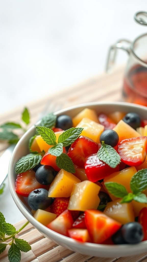 A vibrant bowl of fresh fruit salad with strawberries, blueberries, pineapple, mango, and kiwi, garnished with mint leaves.