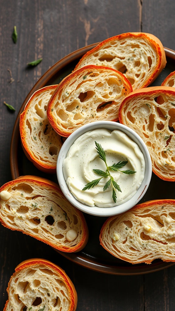 A bowl of fresh herb butter surrounded by slices of bread.