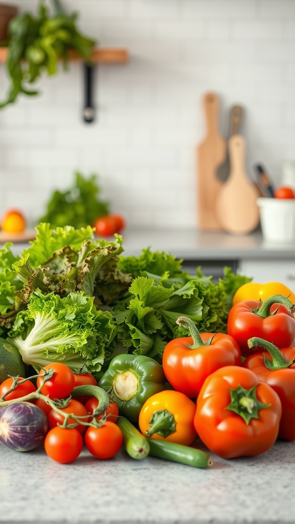A variety of fresh vegetables including lettuce, tomatoes, and bell peppers on a kitchen counter.