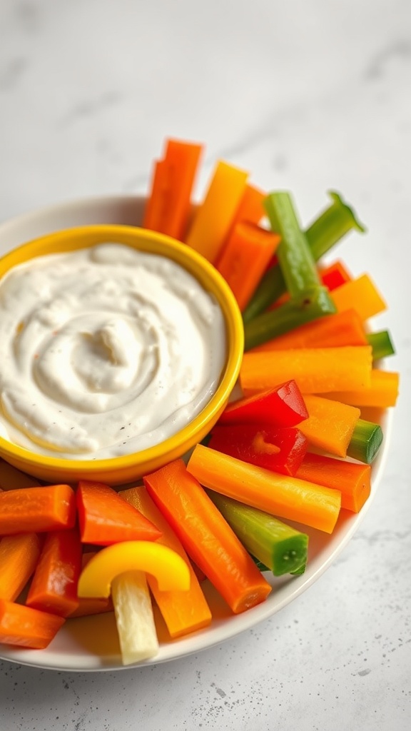 A plate of colorful fresh veggie sticks with a yogurt dip.