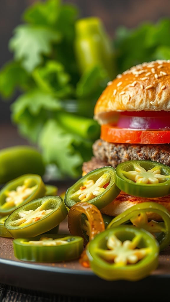 Freshly pickled jalapeños ready to be used as a topping for a burger.