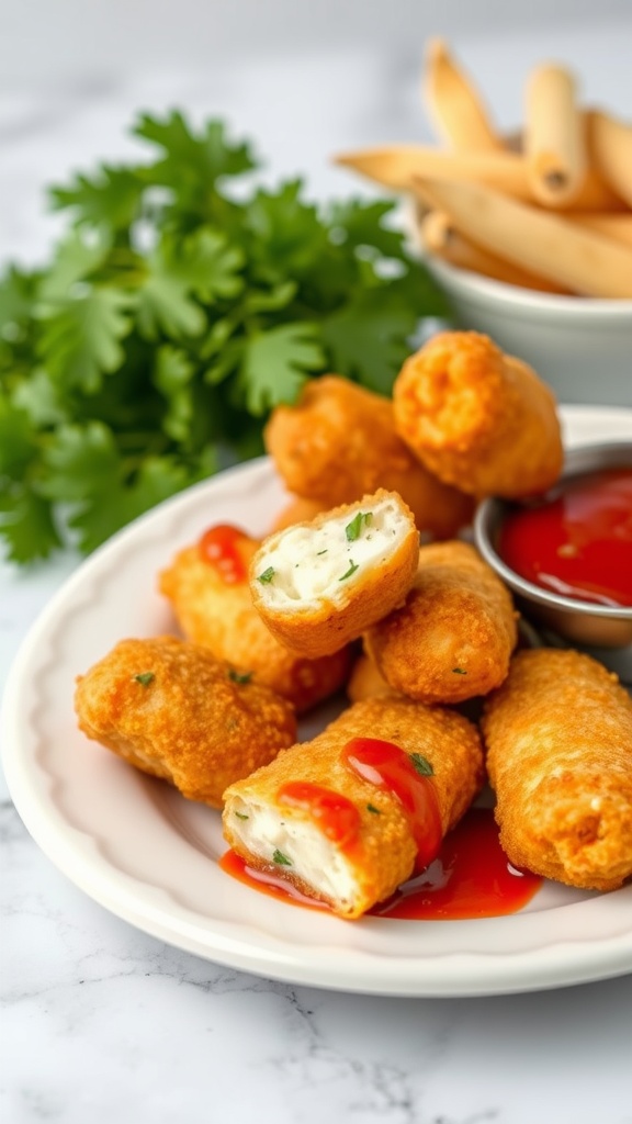 Fried mozzarella sticks with marinara sauce and garnished with cilantro.