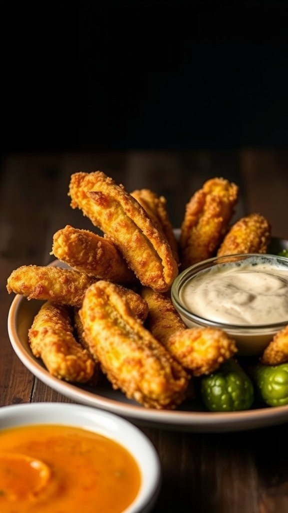 A plate of crispy fried pickles served with dipping sauces.