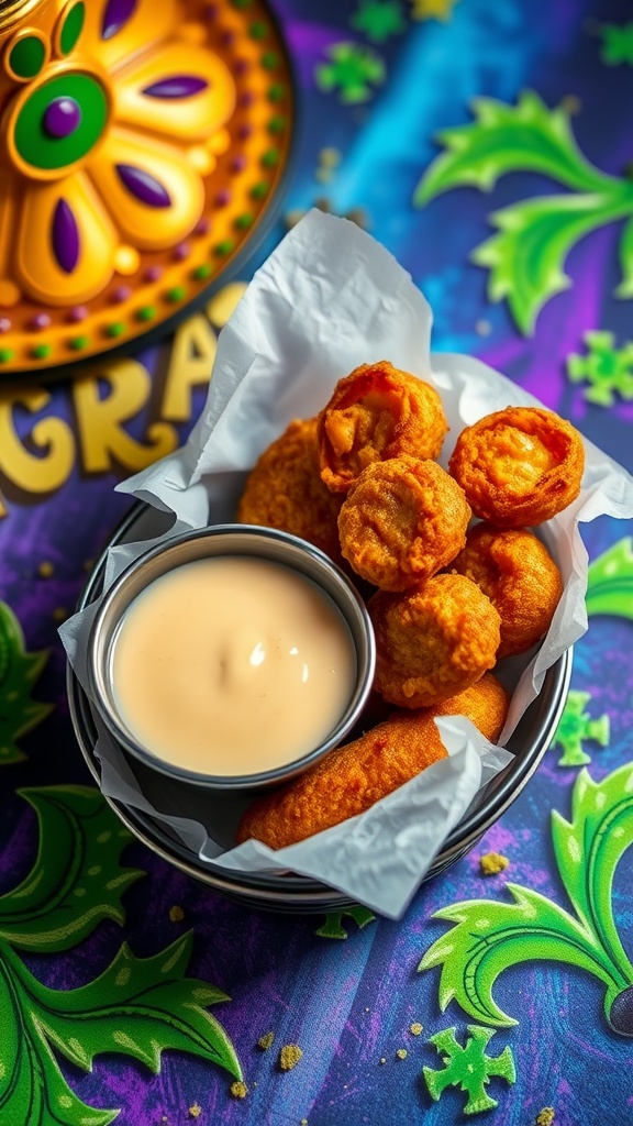 Fried pickles with remoulade sauce in a bowl