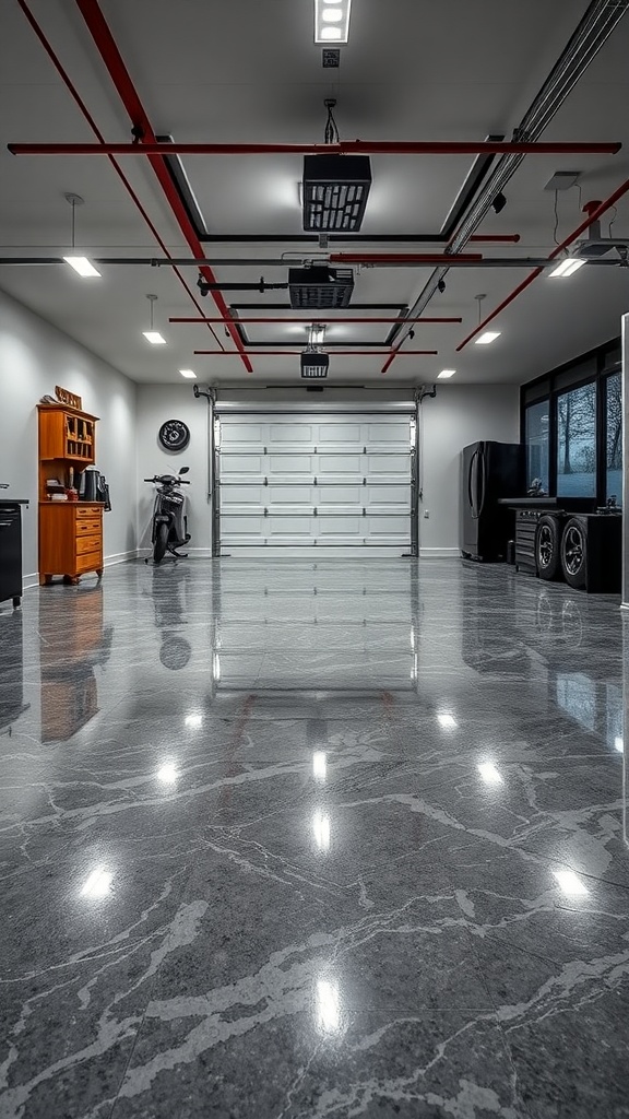 A sleek garage showcasing a stylish frosted epoxy floor with soft light diffusion, complemented by modern decor.