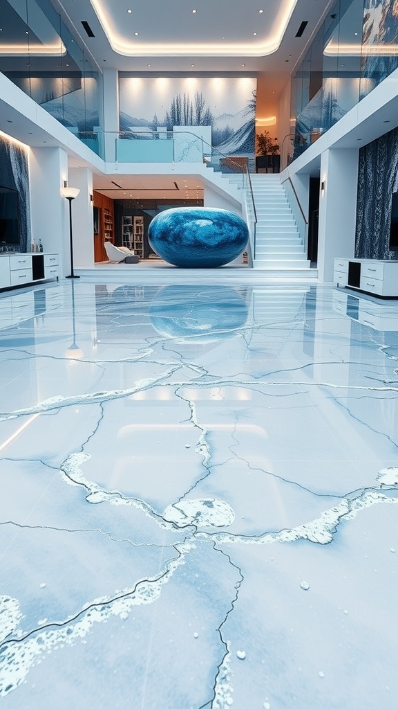 A spacious interior featuring glossy epoxy flooring that resembles ice, with a modern design and a large blue decorative piece.