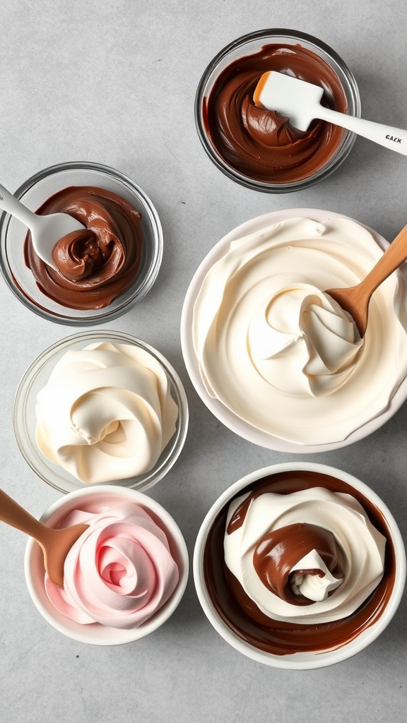 Bowls of different frosting colors and flavors for a Neapolitan cake