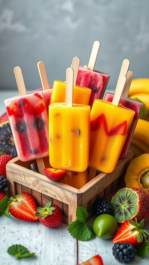 Colorful frozen fruit popsicles arranged in a basket with fresh fruits around.