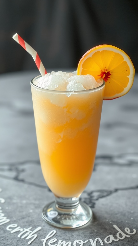A refreshing glass of frozen peach lemonade slush with a slice of lemon on the edge.