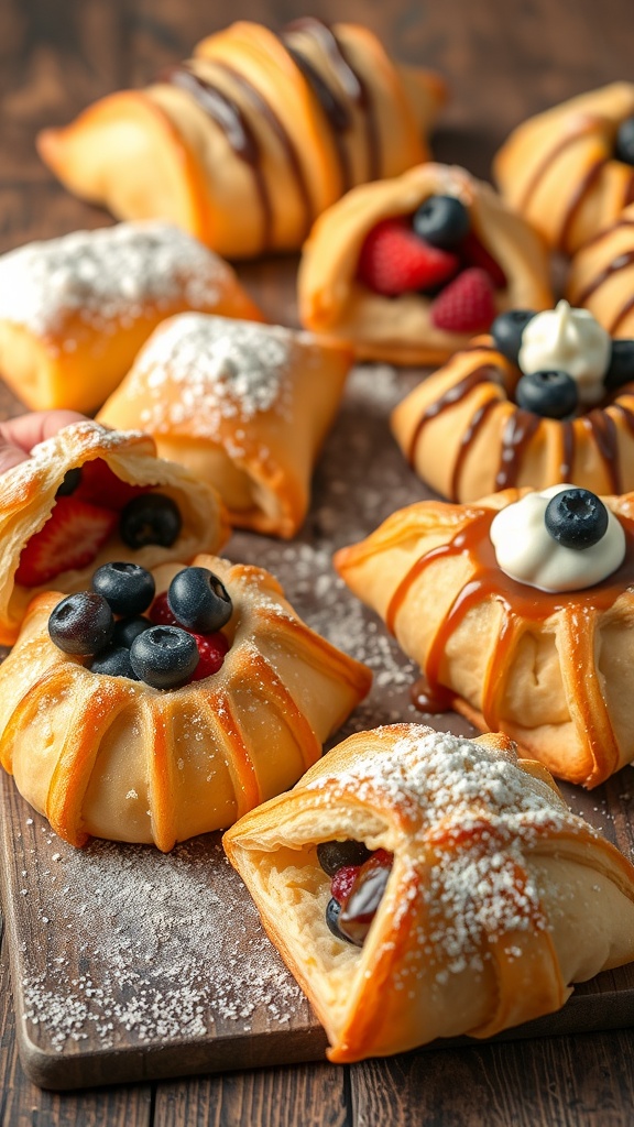 Delicious fruit-filled puff pastry pockets on a wooden board, dusted with powdered sugar.