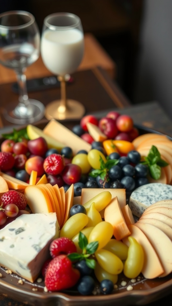 A vibrant display of assorted cheeses and fresh fruits arranged on a platter.