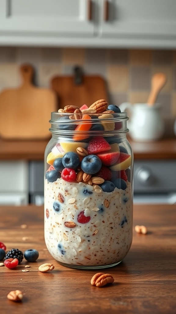 A jar of Fruit and Nut Overnight Oats topped with fresh fruits and nuts.