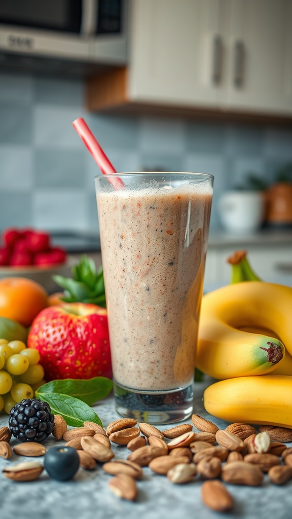 A refreshing fruit and nut smoothie in a glass with a red straw, surrounded by fresh fruits and nuts.