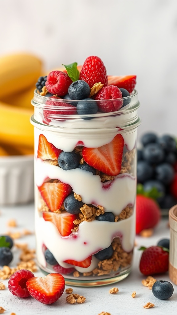 A colorful fruit and yogurt parfait in a jar.