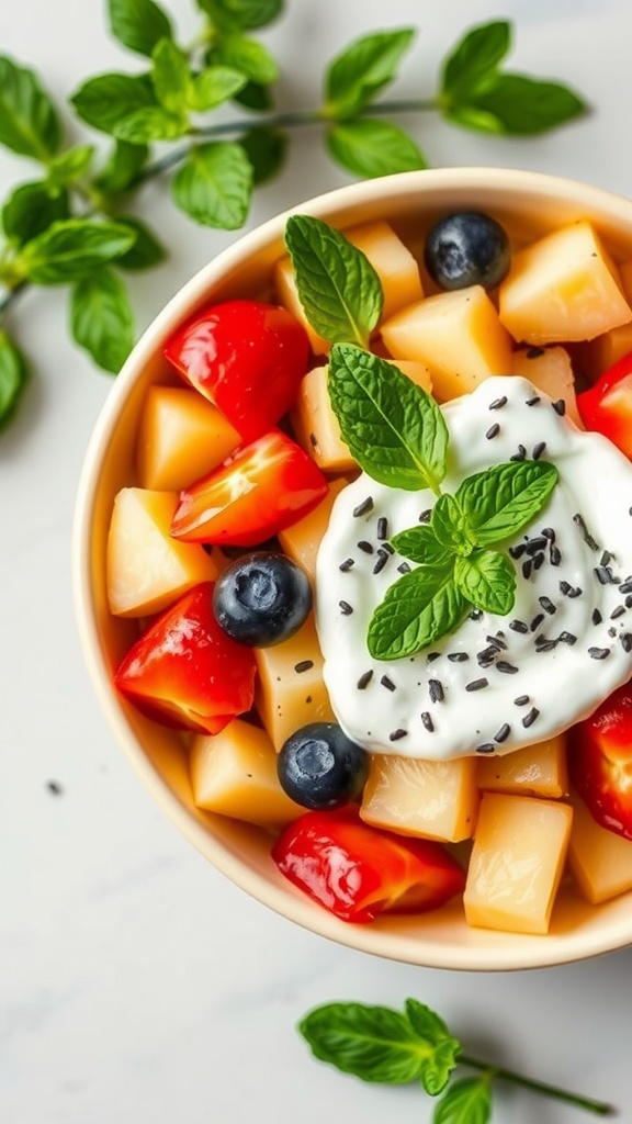 A refreshing bowl of fruit salad with coconut yogurt, garnished with mint leaves.