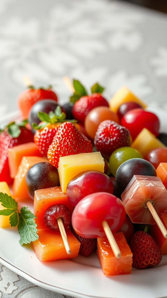 A colorful platter of assorted fruit skewers