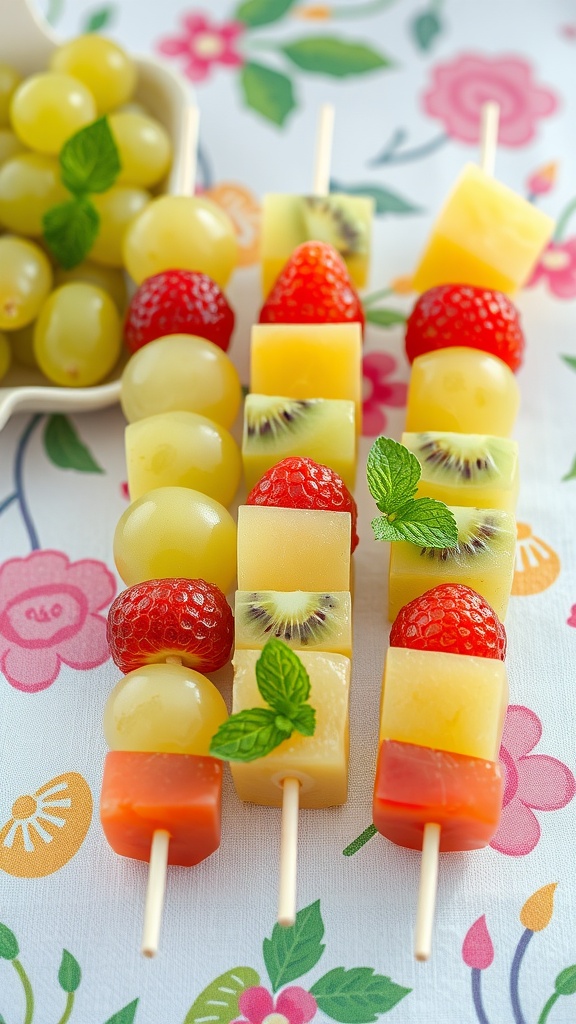 Fruit skewers featuring green grapes, kiwi, and honeydew melon.