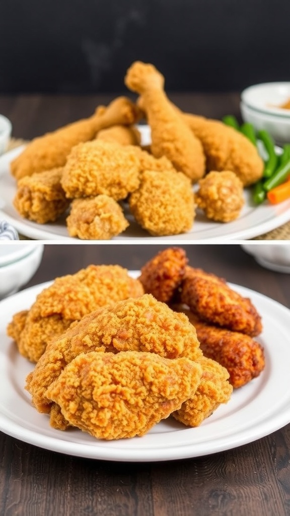 Two plates of crispy chicken, one fried and one baked.