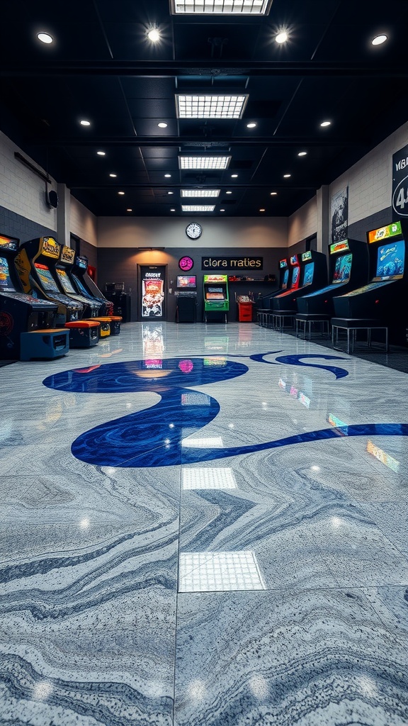 A vibrant epoxy floor design in a game room with arcade machines.