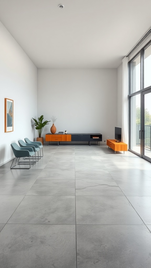 A minimalist interior featuring a grey polished concrete floor with modern furnishings and soft lighting.